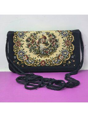 Vintage Black Tapestry Purse Floral & Pavilion Design Braided Strap Snap Closure